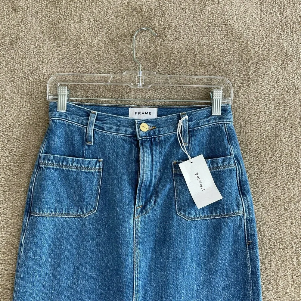 Frame Le Bardot Denim Jean Skirt Womens 24 Margolis Midi High Rise Raw Hem NEW - Picture 4 of 12